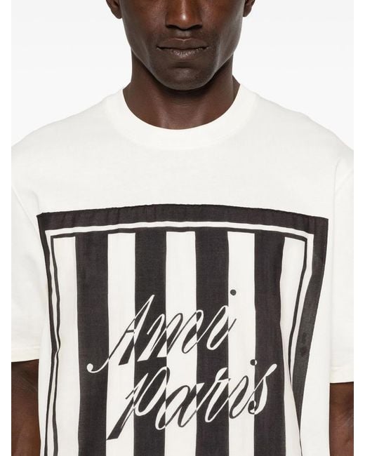 AMI White Logo-Print Striped-Patch T-Shirt for men