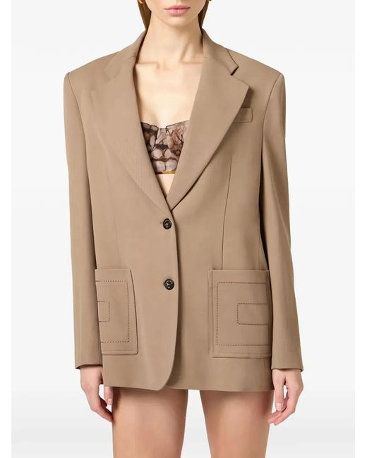 Elisabetta Franchi Natural Single-Breasted Gabardine Blazer With Embroidered Pockets