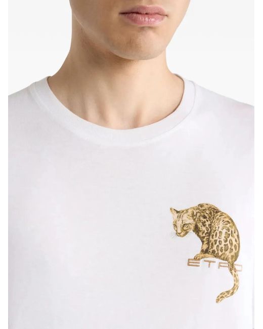 Etro White Cotton T-Shirt With Leopard Print And Embroidery for men
