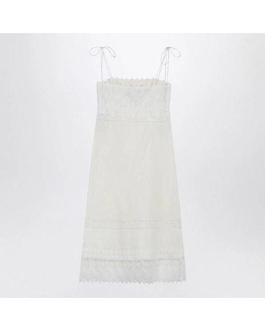 Valentino White Ivory Linen Midi Dress With Sangallo Embroidery