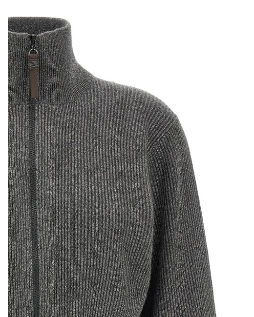 Brunello Cucinelli Gray Ribbed Cardigan With Leather Detail