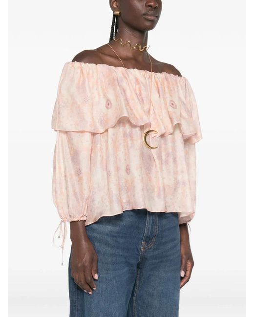Chloé Pink Off-The-Shoulder Top With Puff Sleeves