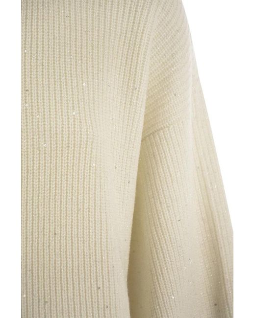 Brunello Cucinelli Natural Wool And Cashmere Rib Sweater With Sequins