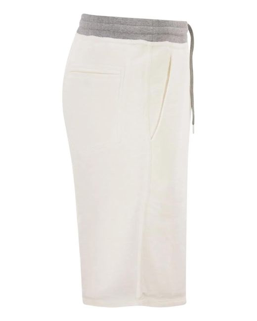 Brunello Cucinelli White Mélange Cotton And Linen Fleece Bermuda Shorts With Logo for men