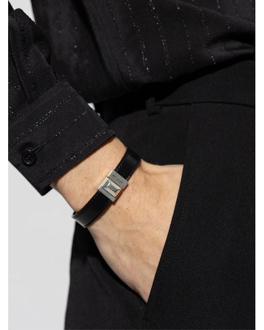 Saint Laurent Black Engraved Logo Leather Bracelet for men