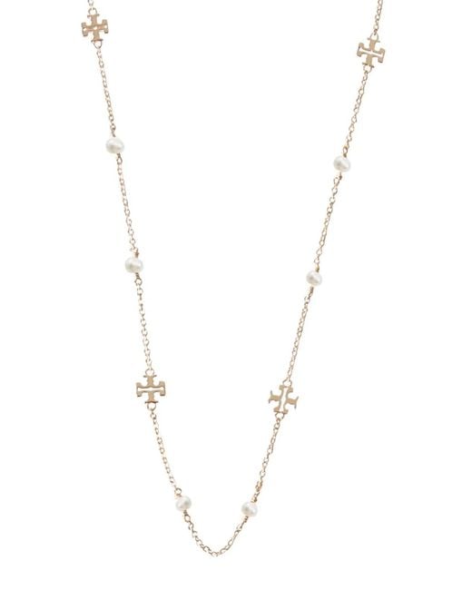 Tory Burch White Collana Kira Con Logo E Perle
