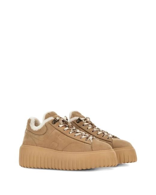 Hogan Natural H-Stripes Suede Sneakers With Shearling Lining