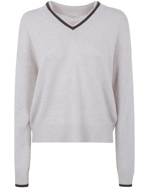 Brunello Cucinelli White Cashmere V Neck Sweater