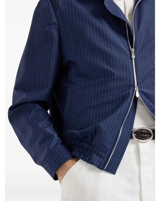 Brunello Cucinelli Blue Pinstripe Stand-Collar Jacket for men