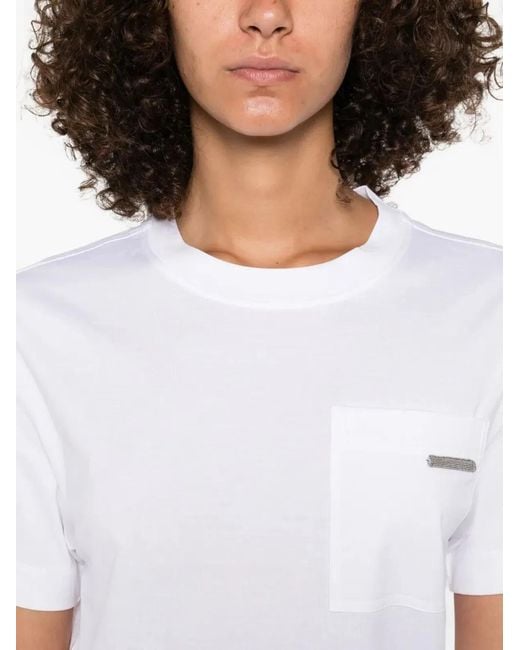 Brunello Cucinelli White Cotton Jersey T-Shirt With Shiny Tab