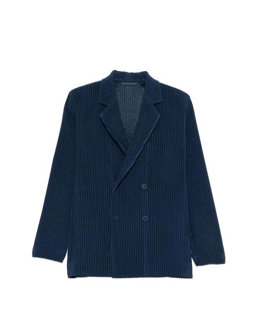 HOMME PLISSÉ Blue Homme Plisse Issey Miyake Pleated Double-Breasted Jacket for men