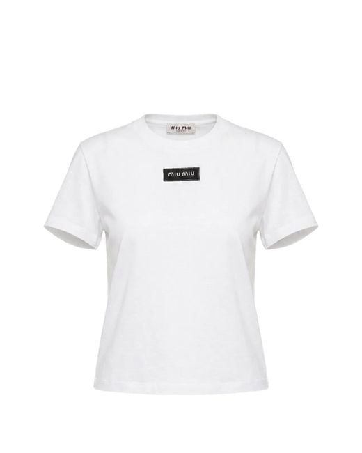 Miu Miu White Crew-Neck Logo-Patch T-Shirt