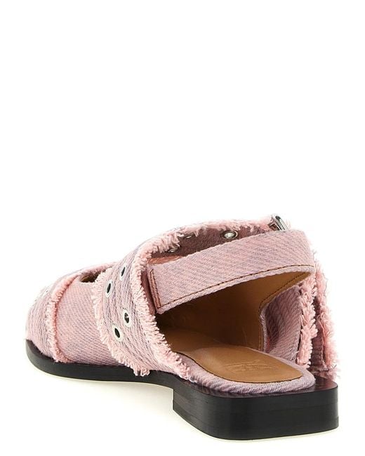 Ganni Pink 'Feminine Buckle Fringed Denim' Slingback