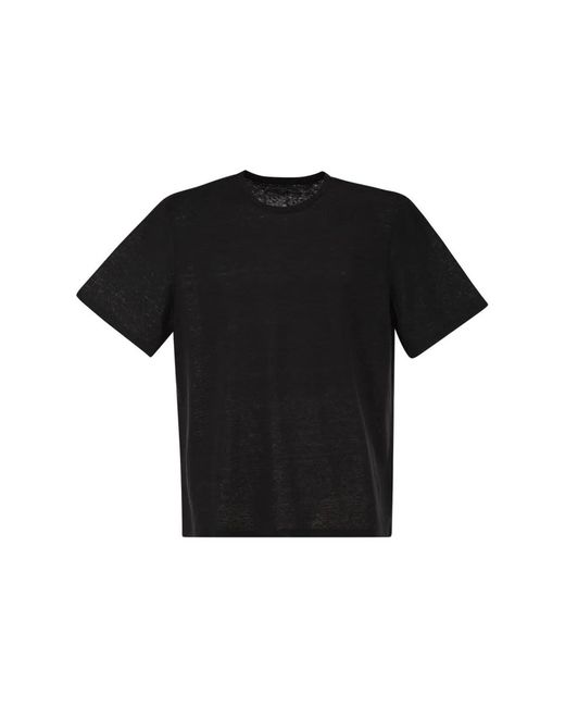Majestic Black Stretch Linen T-Shirt With Round Neckline for men