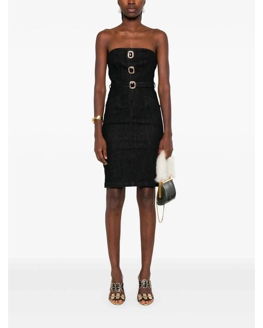 Self-Portrait Black Denim Bandeau Midi Dress
