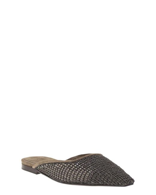 Brunello Cucinelli Black Suede Mules With Precious Net Embroidery