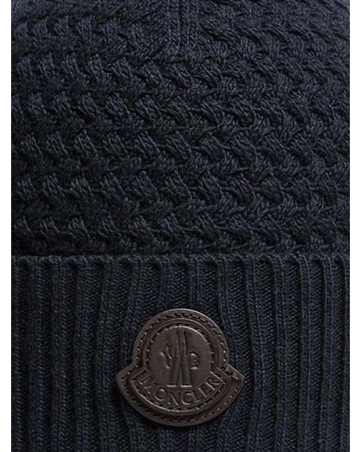 Moncler Blue Logo-Patch Cable-Knit Beanie Hat for men