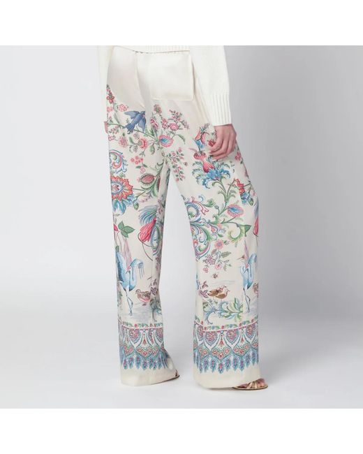 Etro White Wide-Leg Trousers With Floral Print