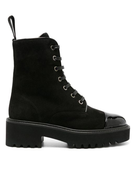 Aquazzura Black Suede Lace-Up Boots By Desert Model.Patent Leather Details.Notched Sole. Height: 5 Cm Made