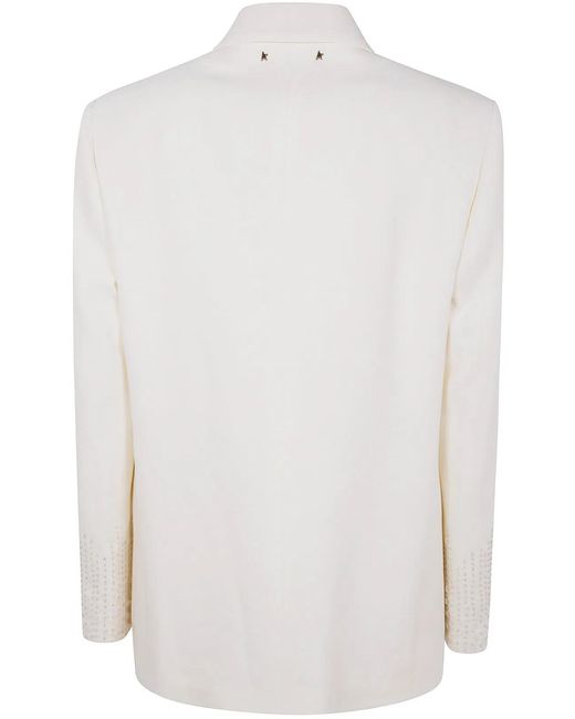Golden Goose Deluxe Brand White Journey W's Single Breasted Over Jacket Viscose Wool Crepe W Satin Lapel & Beads Embroidery