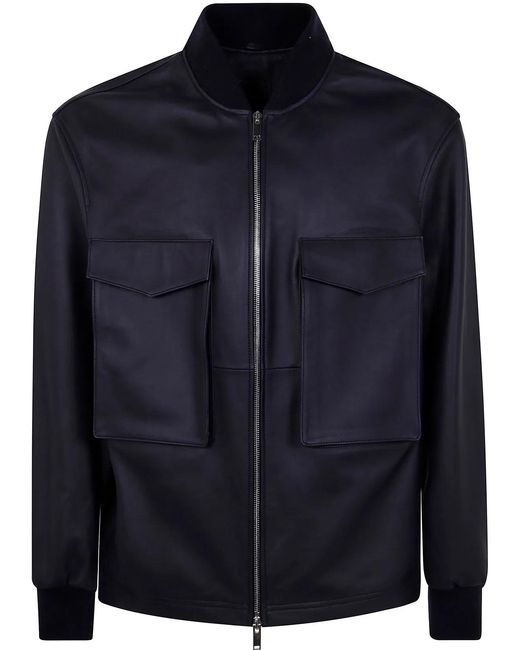 Desa Blue Leather Patch Pocket Bomber Jacket for men
