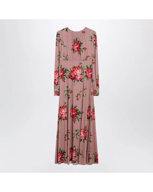 Dolce & Gabbana Red Dolce & Gabbana Crêpe Dress With Bouquet Print By Dolce & Gabbana
