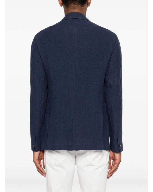 Emporio Armani Blue Linen Notched Lapel Blazer for men