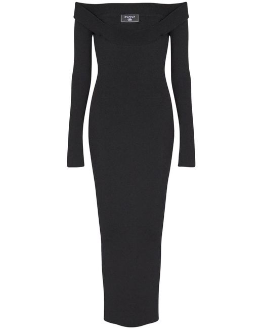 Balmain Black Ls Double Collar Knit Zipped Midi Dress