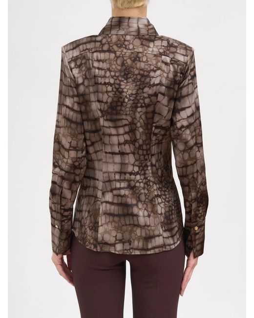 Elisabetta Franchi Brown Satin Shirt With Alligator Print