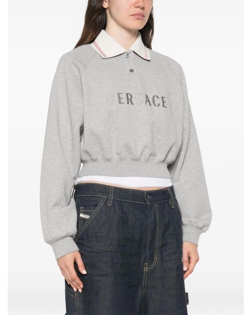 Versace White Logo-Embroidered Cropped Sweatshirt