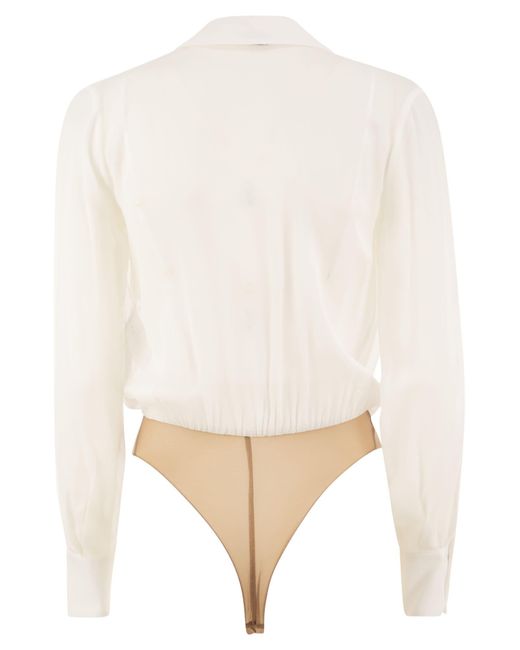 Elisabetta Franchi Natural Voile Shirt Bodysuit With Jewel Necklace