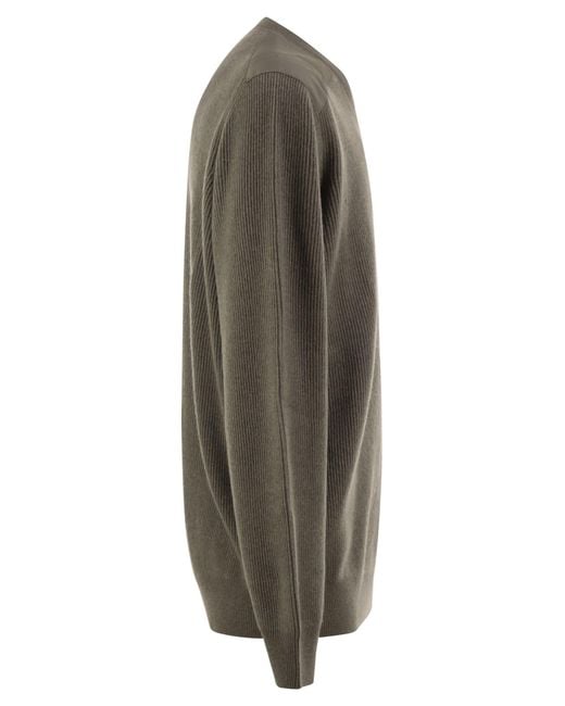 Brunello Cucinelli Gray Pure Cashmere Ribbed Crew-Neck Sweater With Cotton Details for men