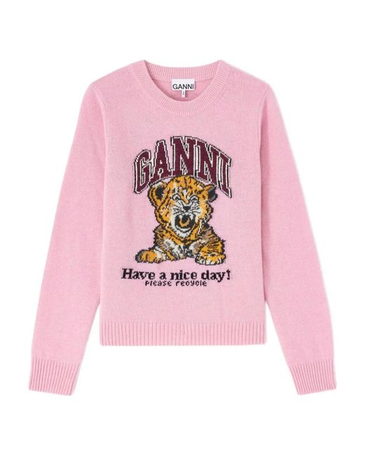 Ganni Pink Wool Crewneck Sweater