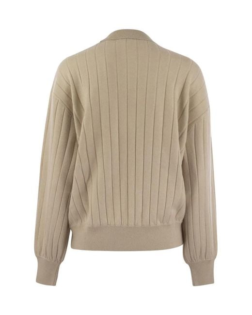 Brunello Cucinelli Natural Cashmere V-Neck Sweater With Necklace