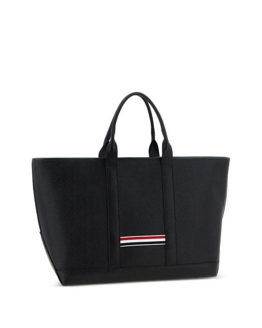 Thom Browne Black Leather Medium Tote Bag for men