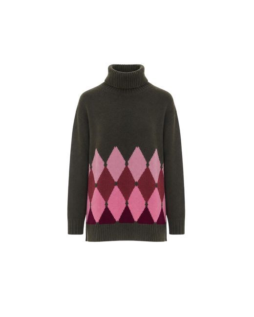 Ballantyne Red Argyle High Neck Knitted Sweater