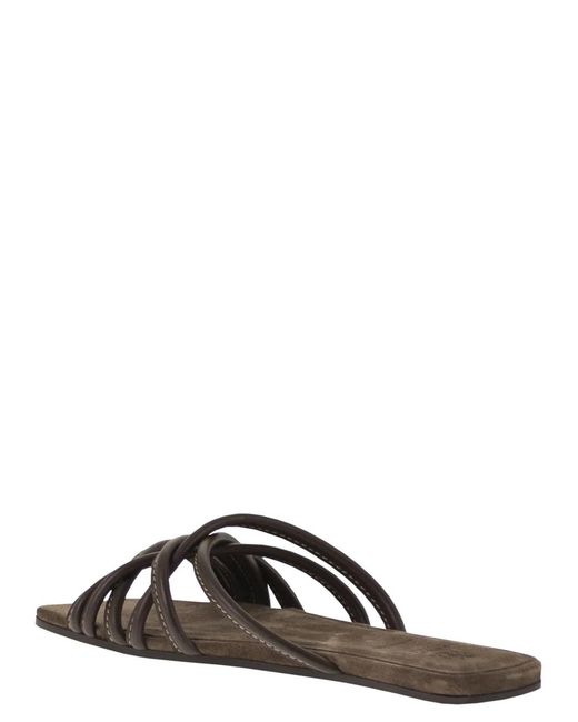 Brunello Cucinelli Black Flat Leather Sandals With Criss-Cross Straps