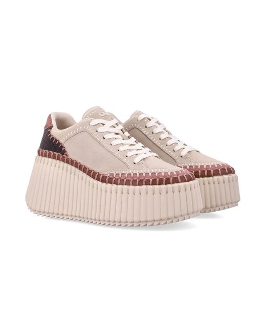 Chloé Pink Nama Wedge Sneaker With Embossed Leather Inserts & 8 Cm Heel