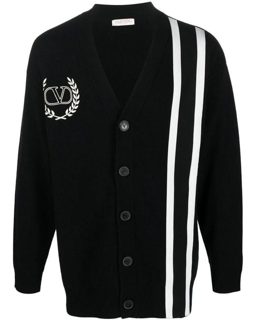 Valentino Black Embroidered Logo With Stripes Cardigan for men