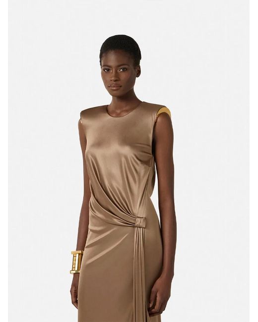 Elisabetta Franchi Natural Carpet Shiny Viscose Jersey Long Dress With Side Slit