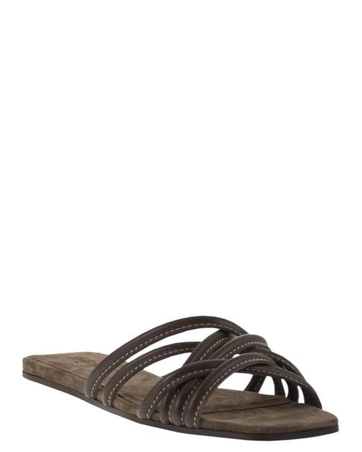 Brunello Cucinelli Black Flat Leather Sandals With Criss-Cross Straps