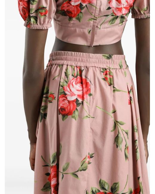 Dolce & Gabbana Red Dolce & Gabbana Rose Bouquet-Print Cotton Pleated Skirt