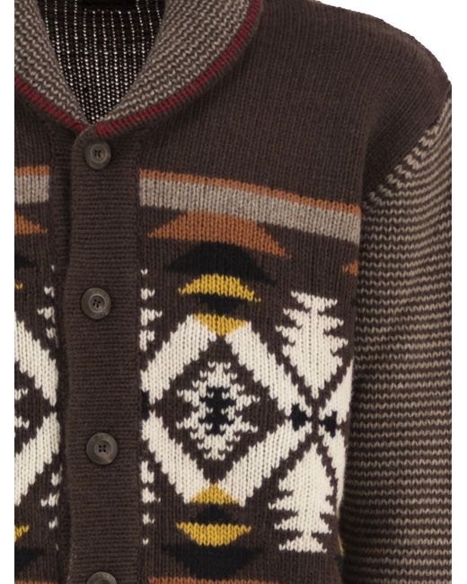 Fay Brown Wool Cardigan With Jacquard Pattern for men