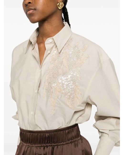 Brunello Cucinelli White Shirt With Floral Embroidery And Sequins