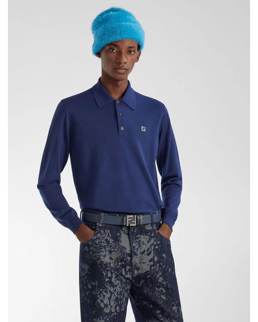Fendi Blue Wool Polo Shirt for men