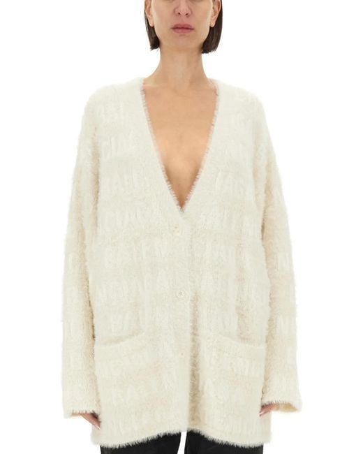 Balenciaga White Logo Jacquard Faux Fur Cardigan