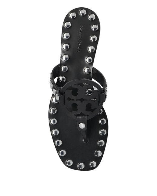 Tory Burch Black Studded Miller Leather Flat Sandals