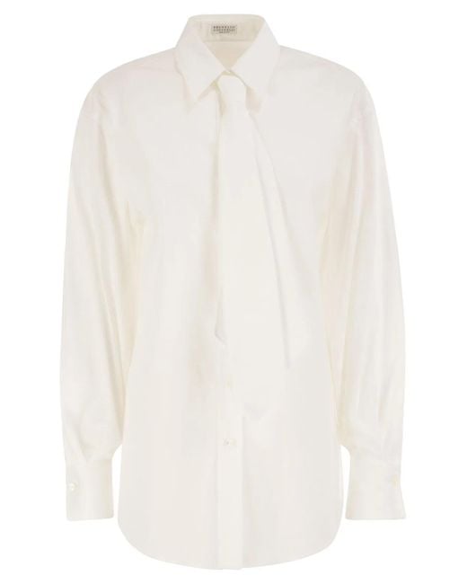 Brunello Cucinelli White Stretch Cotton Shirt With Tie