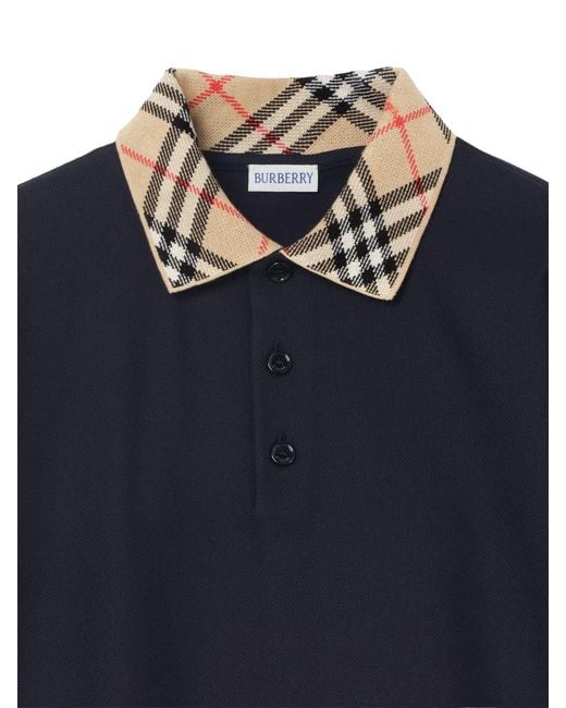 Burberry Blue Check-Collar Cotton Polo Shirt for men