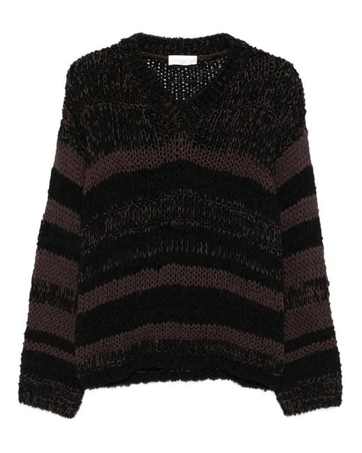 Roberto Collina Black Chunky-Knit V-Neck Striped Sweater
